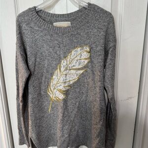 Gray Feather Embroidered Sweater